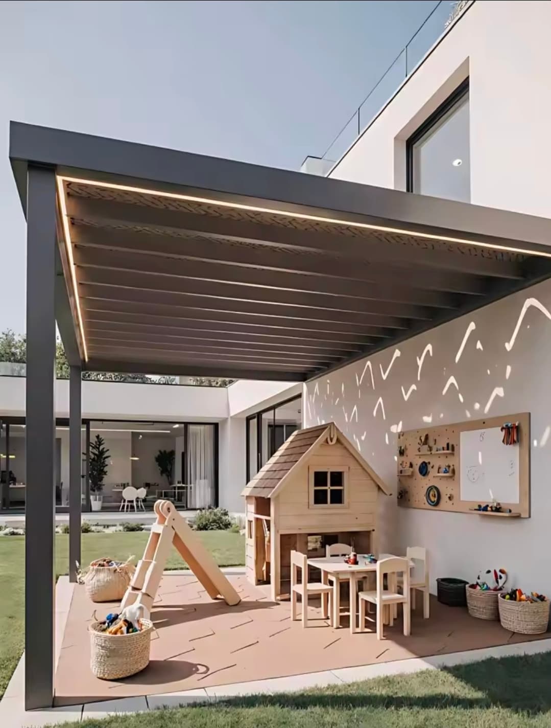 Aluminium louvered pergola with LED lighting children play area