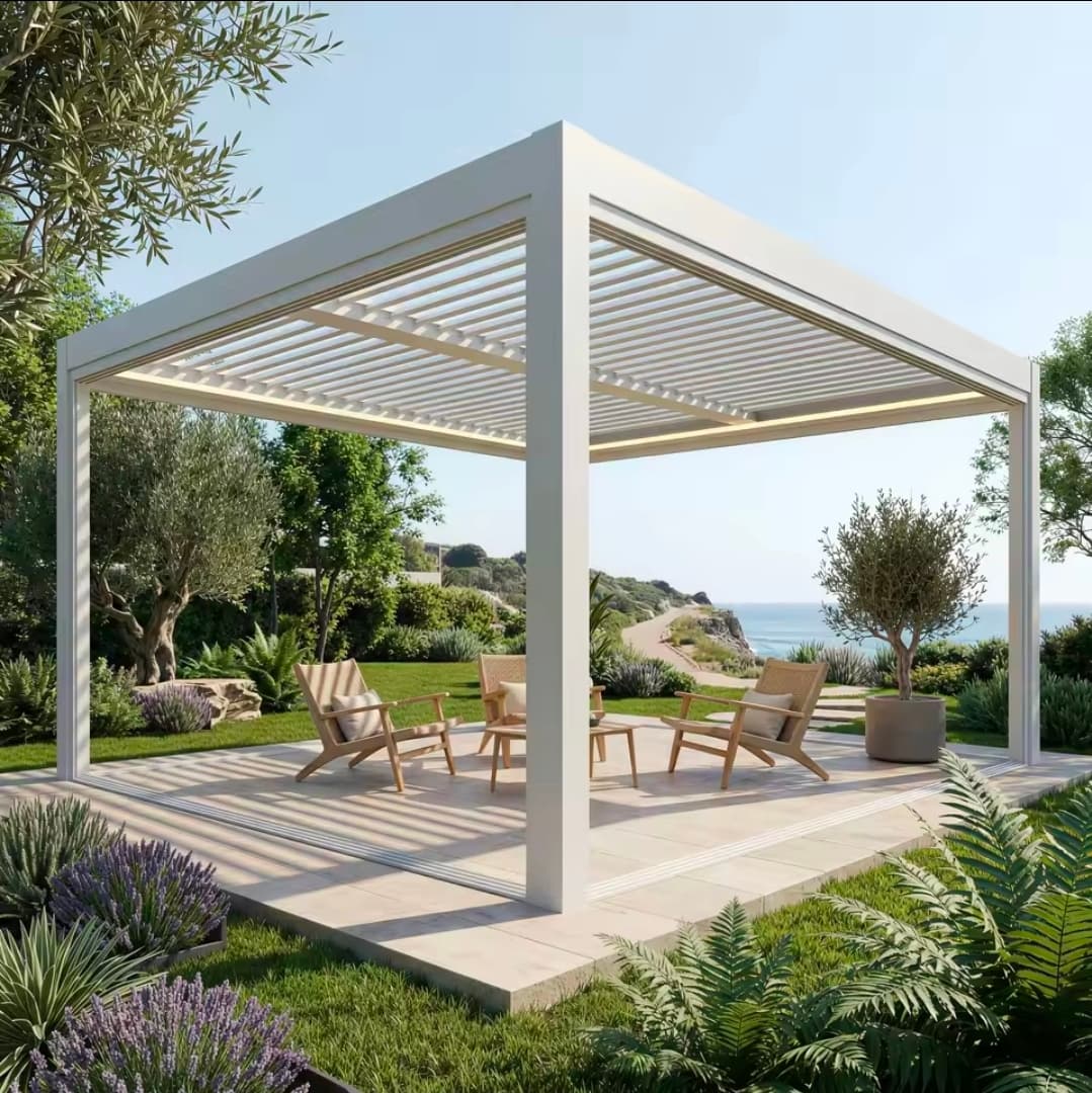 White free-standing aluminium pergola ocean view