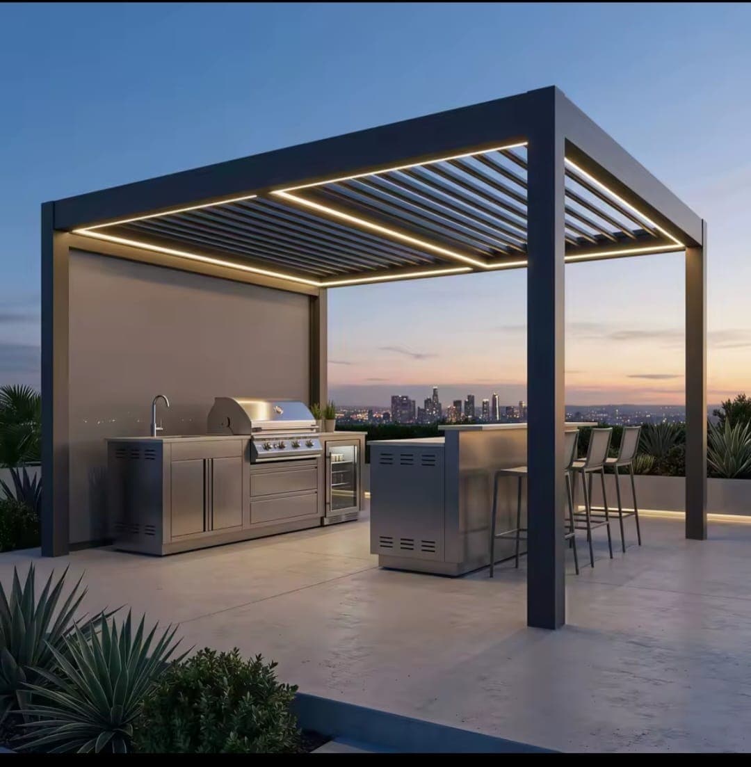 Dark charcoal aluminium pergola with outdoor kitchen BBQ