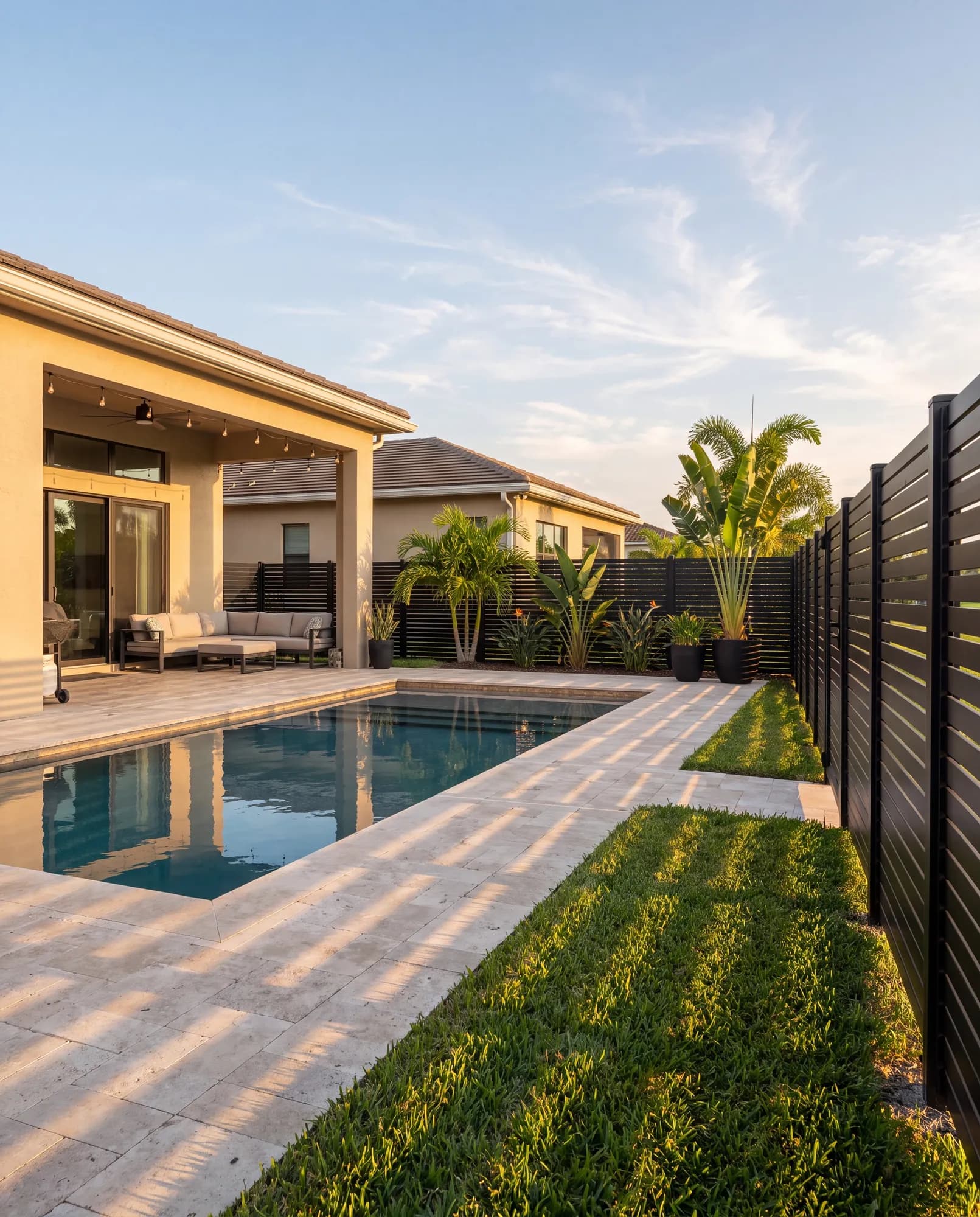 Black aluminum fence framing a pool deck