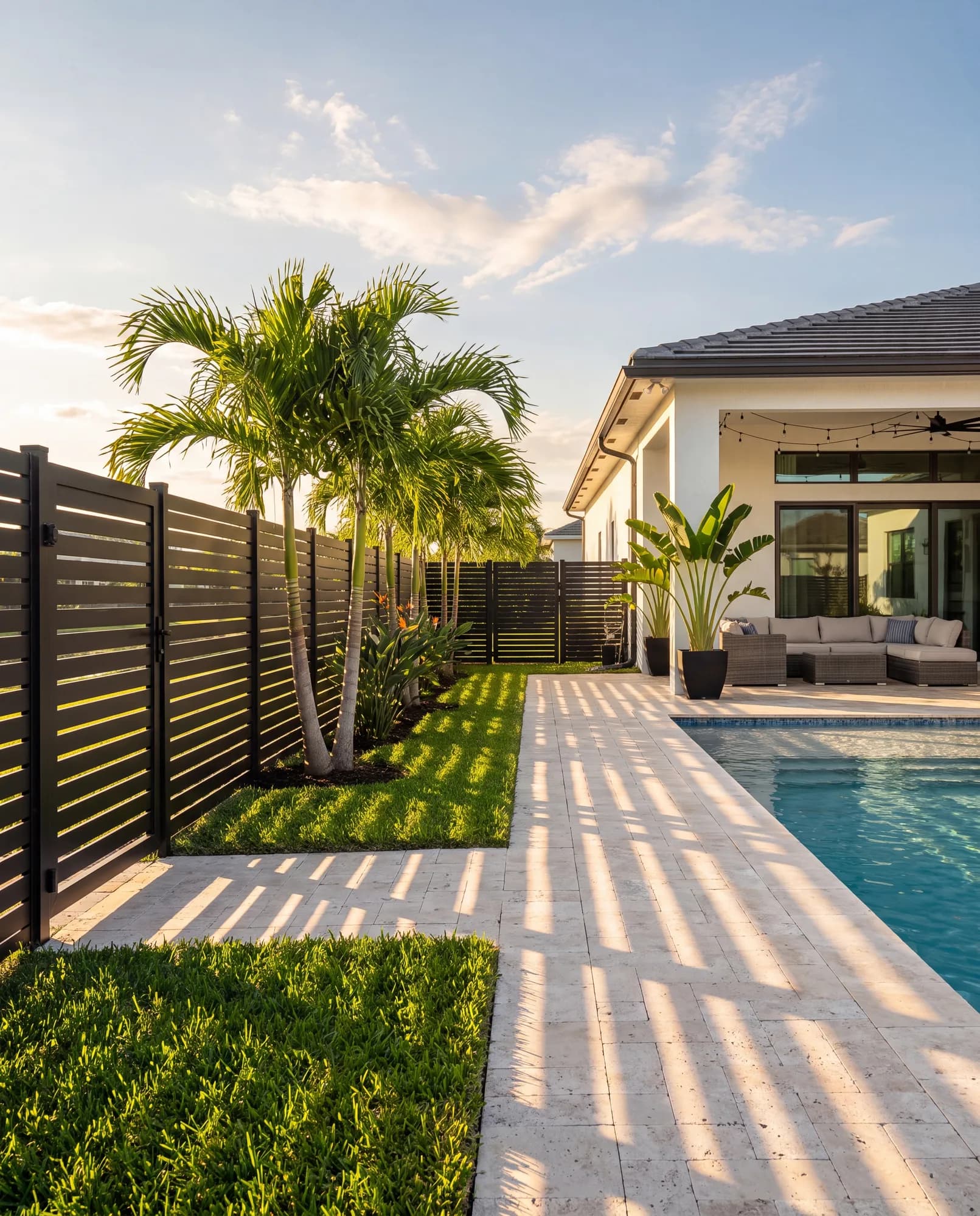 Black horizontal aluminum fence around a backyard pool