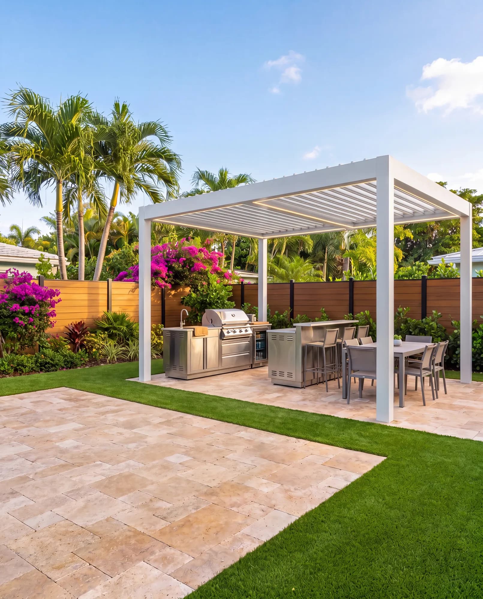 White louvered aluminum pergola over an outdoor kitchen and dining area (concept image)