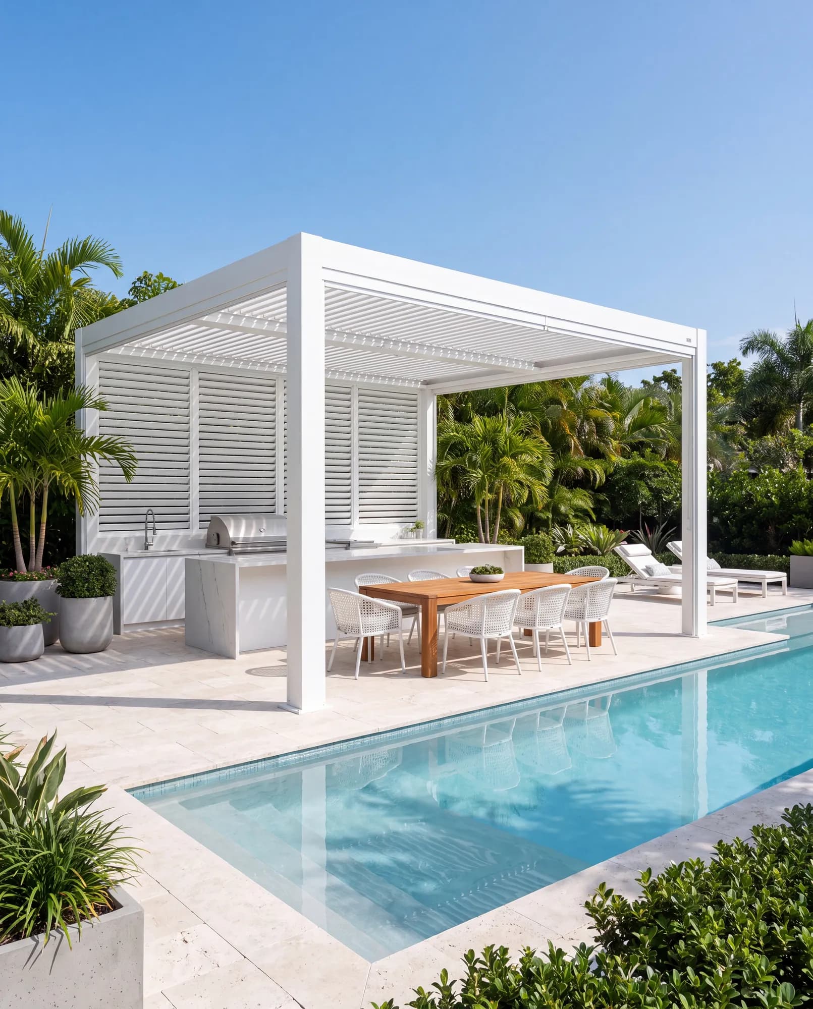 White louvered aluminum pergola over a poolside dining area (concept image)
