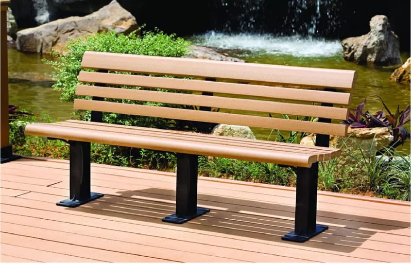 Teak WPC bench with black cast iron frame outdoor pathway