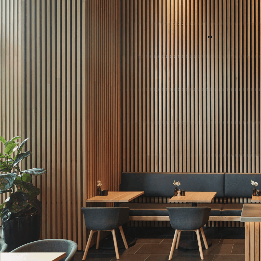 Teak WPC cladding luxury living room with fireplace