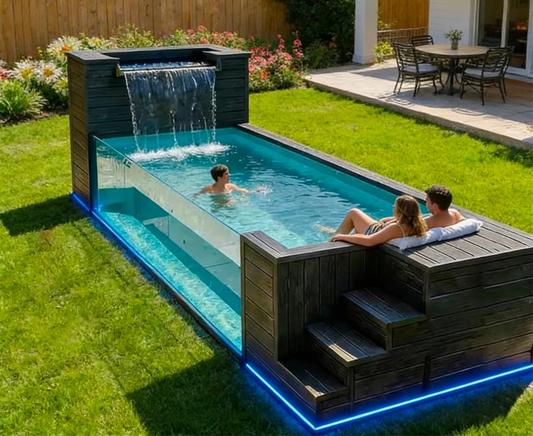 Container pool with waterfall feature backyard Miami