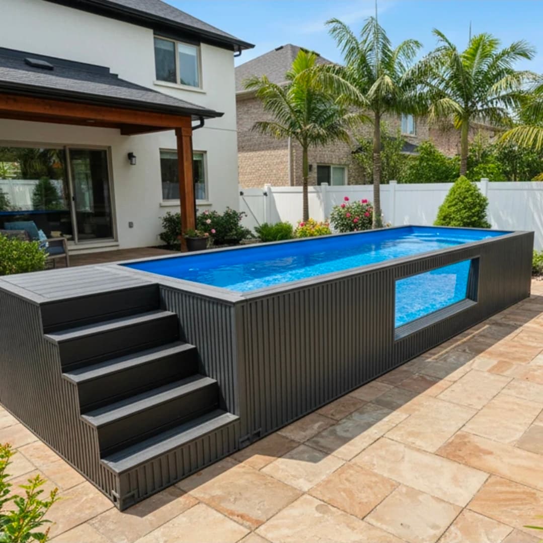Dark container pool with WPC cladding Miami patio