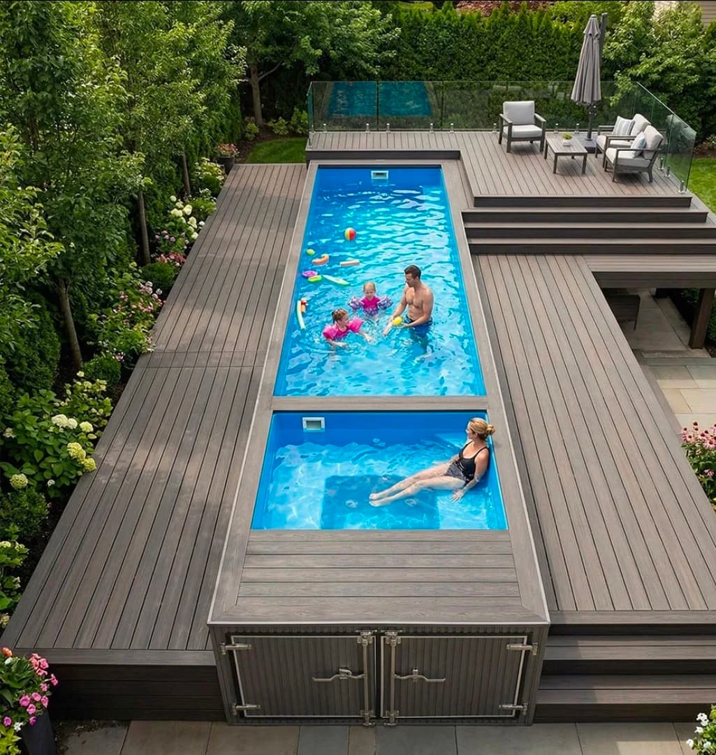 Family container pool with WPC deck surround