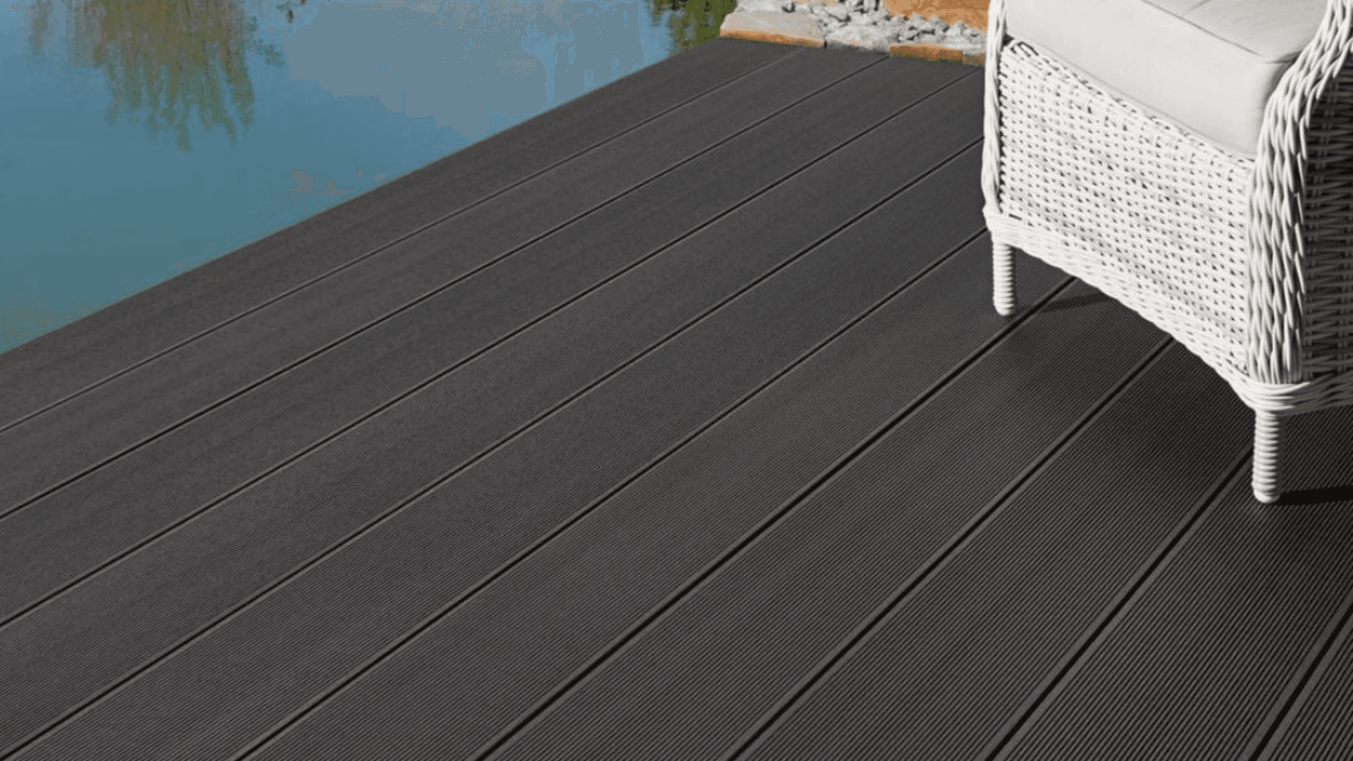 WPC grey decking close up with planters
