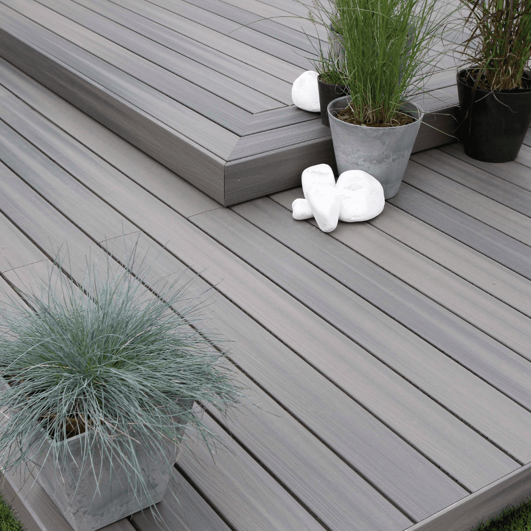 WPC grey decking close up with planters