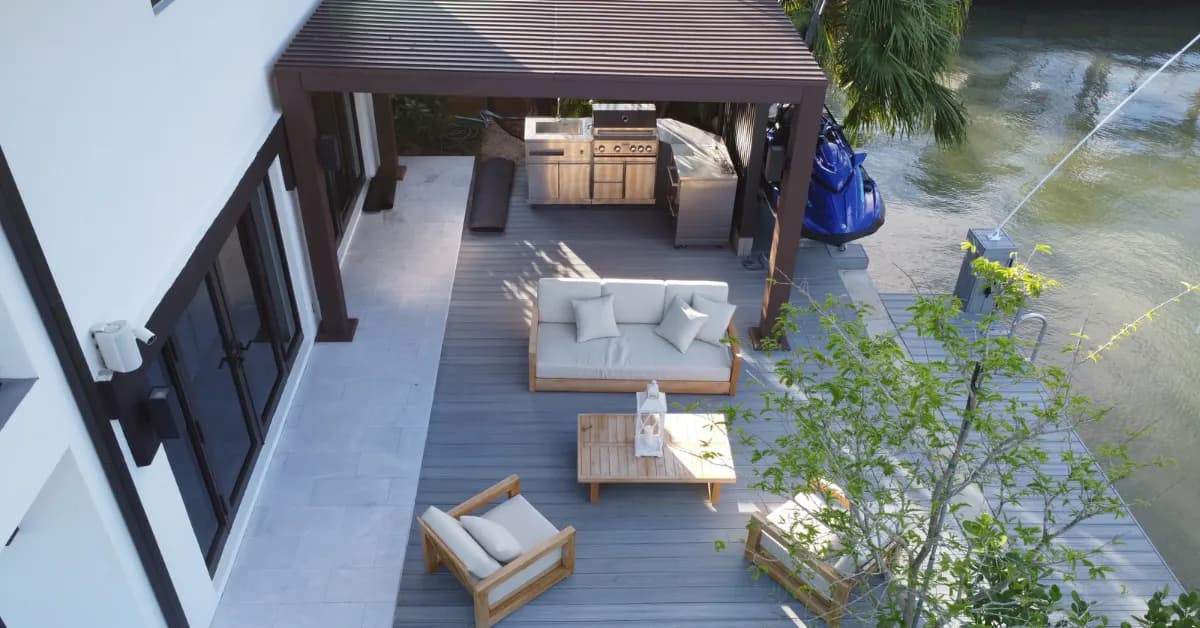 Aerial view of a WPC pergola over a deck