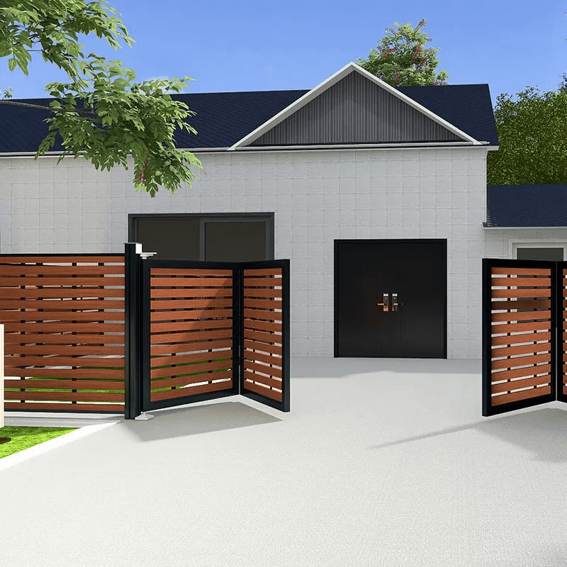 Double swing WPC gate render warm wood tone