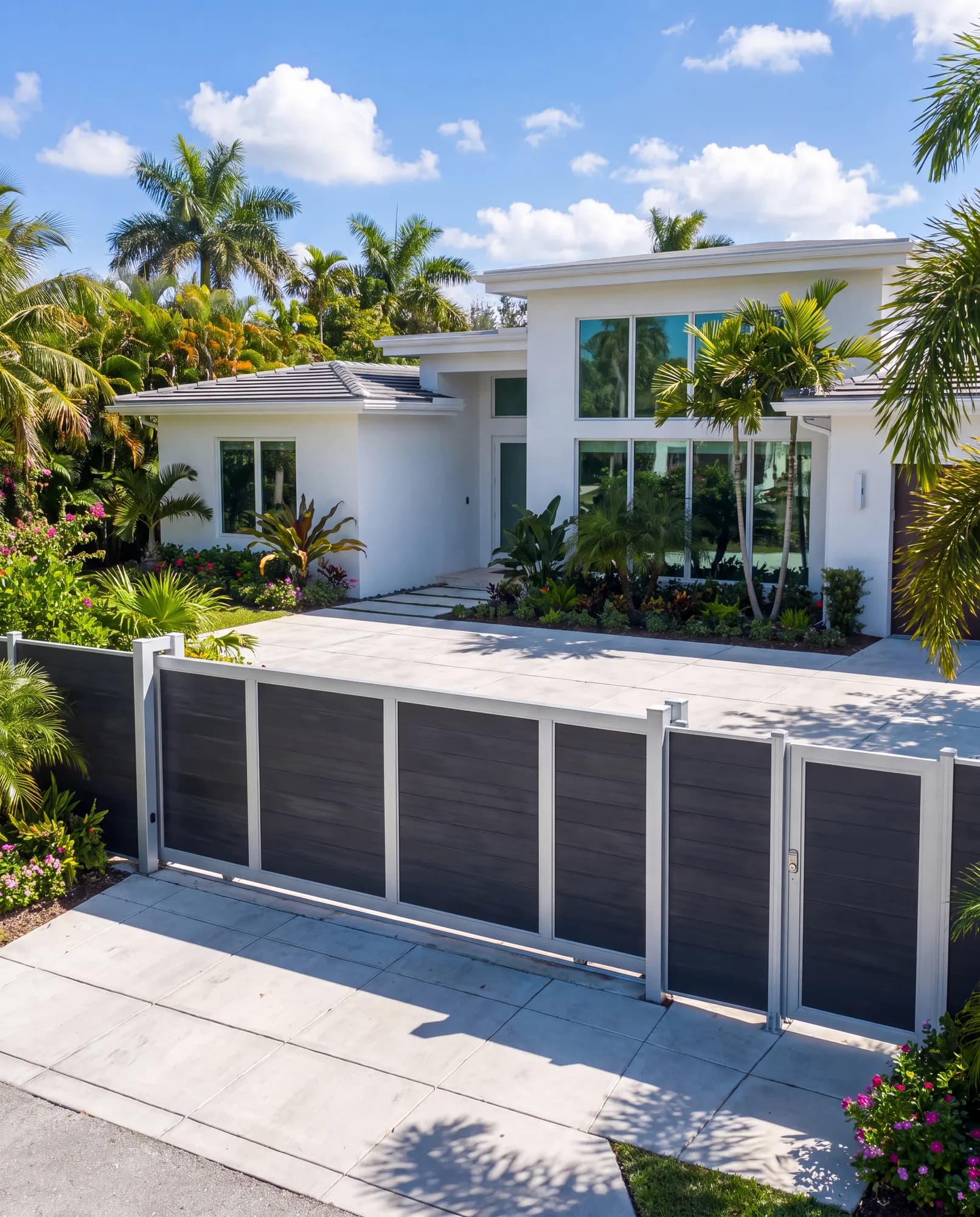 WPC sliding driveway gate and front fence at a modern home (concept image)