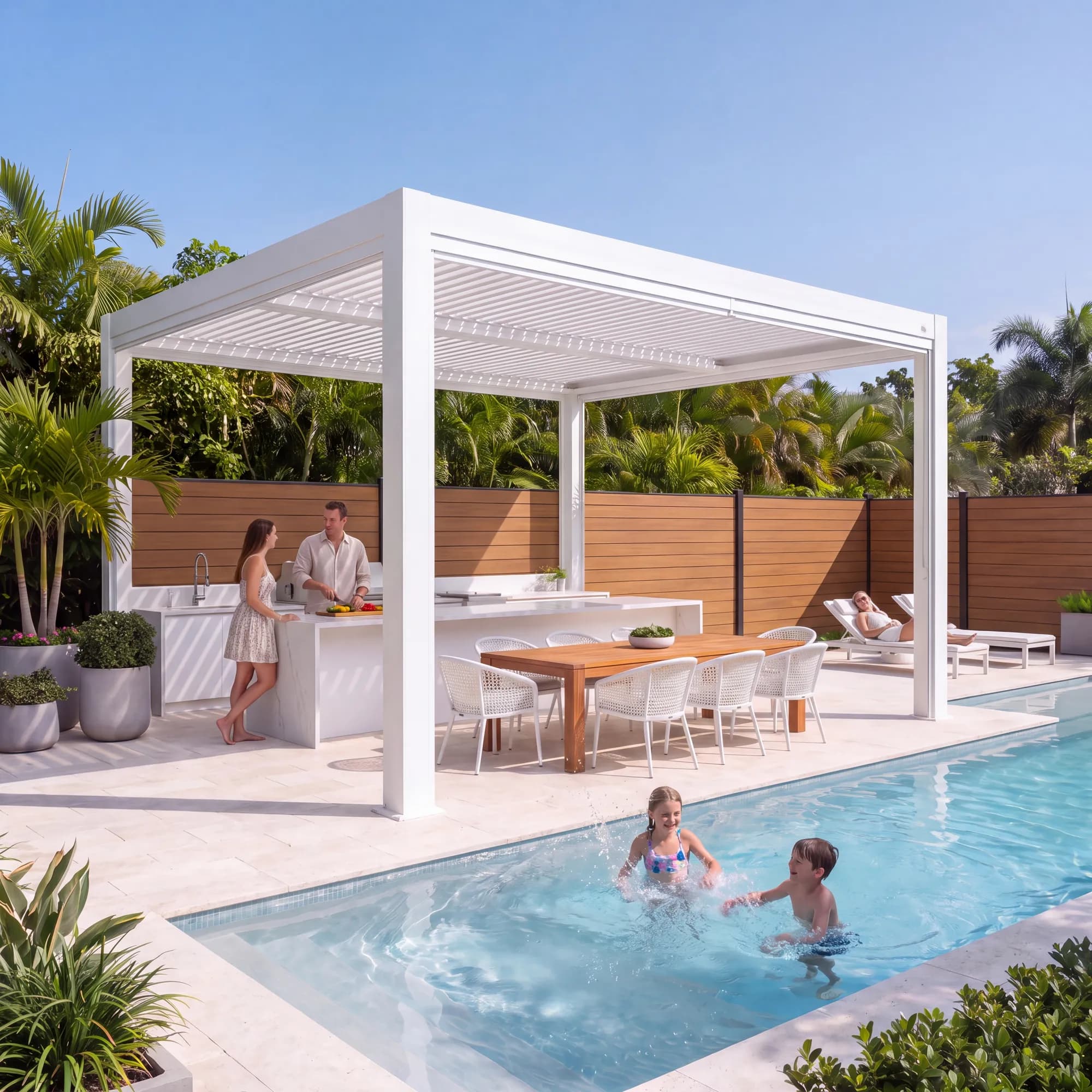 White louvered aluminum pergola over an outdoor kitchen bar and dining table beside a pool, with a WPC privacy fence (concept image)
