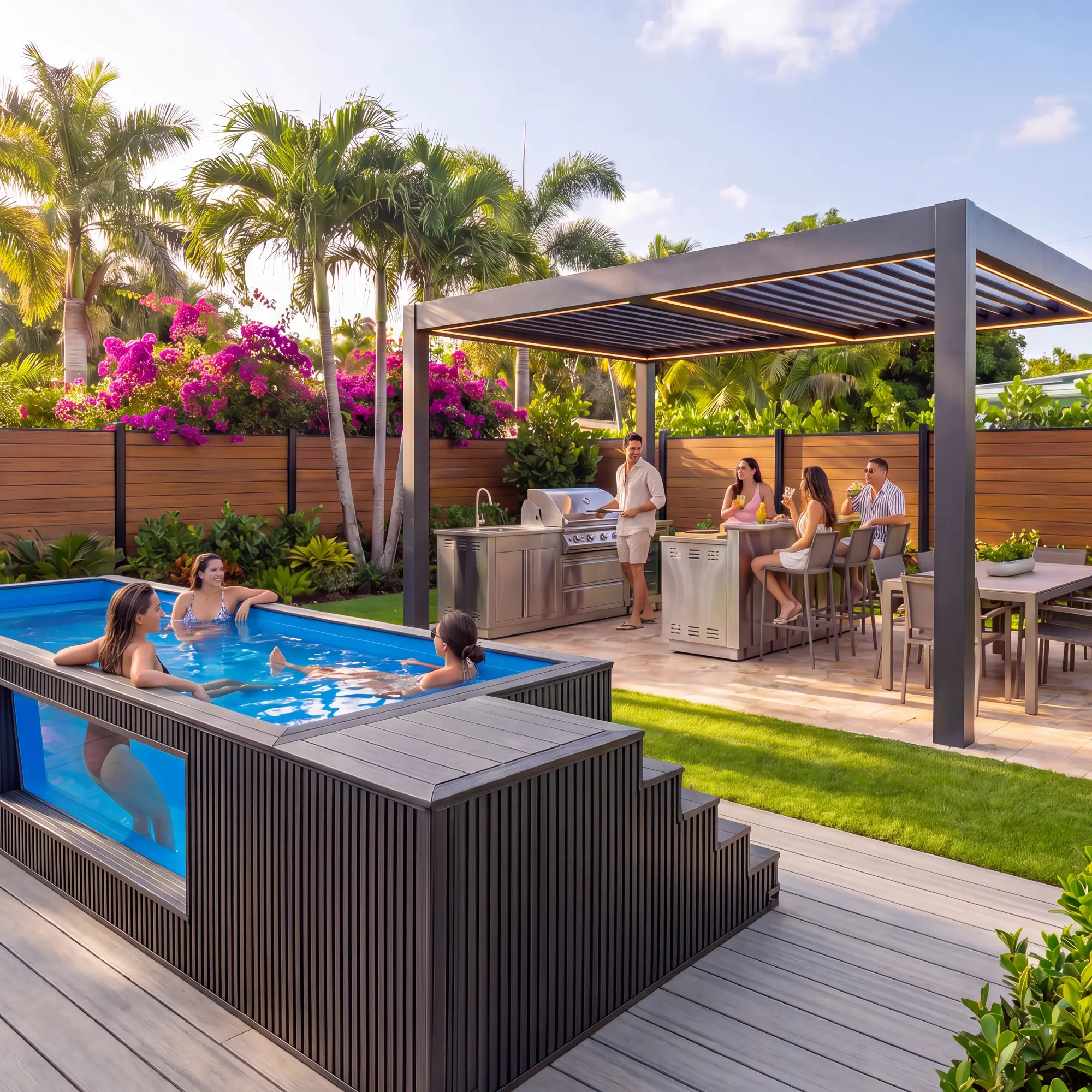 Dark louvered pergola with lighting over an outdoor kitchen and bar, beside a container pool on a WPC deck (concept image)