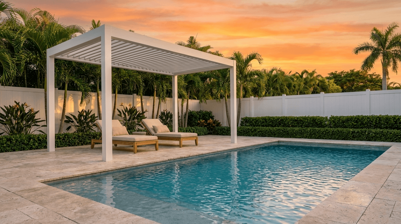 White aluminum pergola with lounge chairs poolside sunset