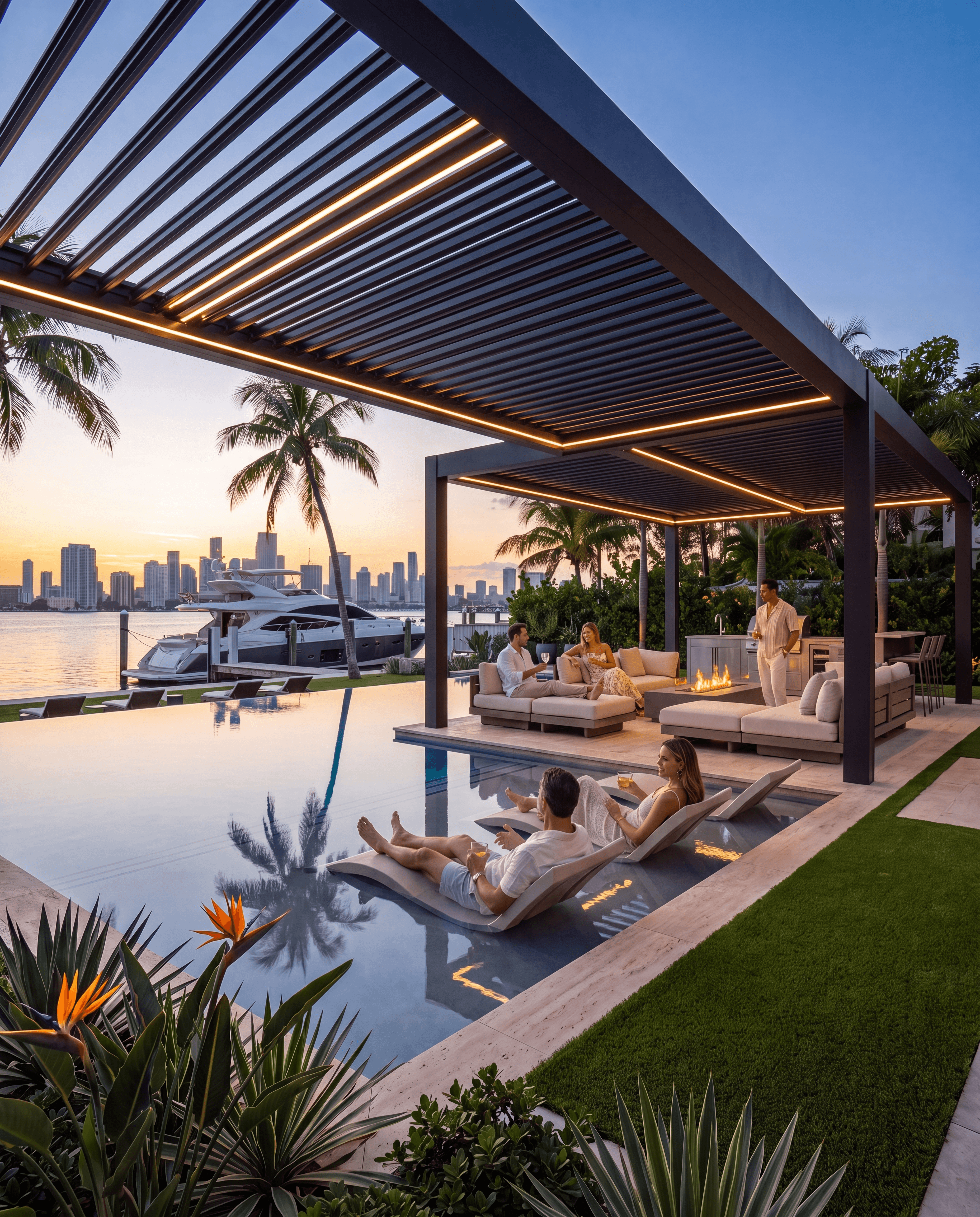 Aluminum pergola waterfront Miami skyline sunset