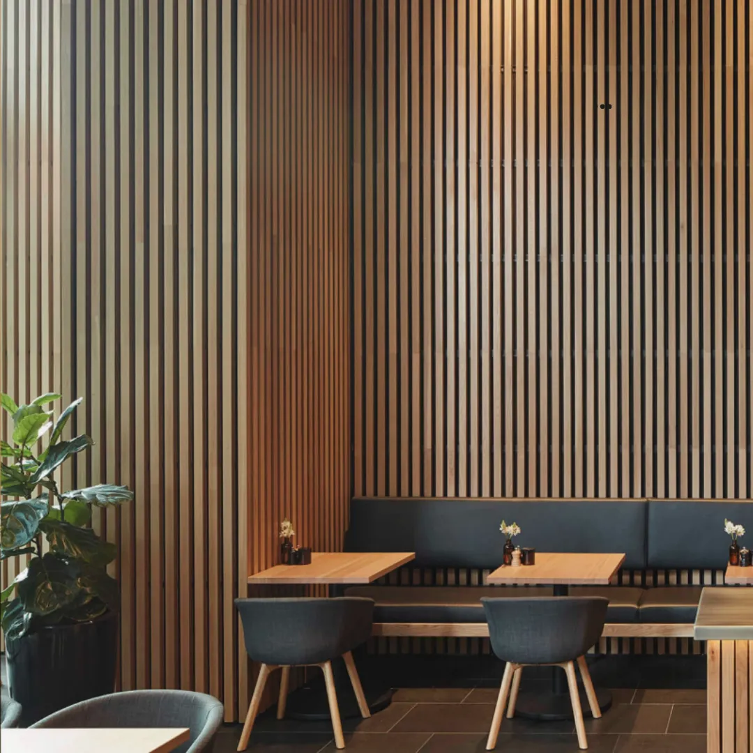 Teak-look WPC cladding in a living room