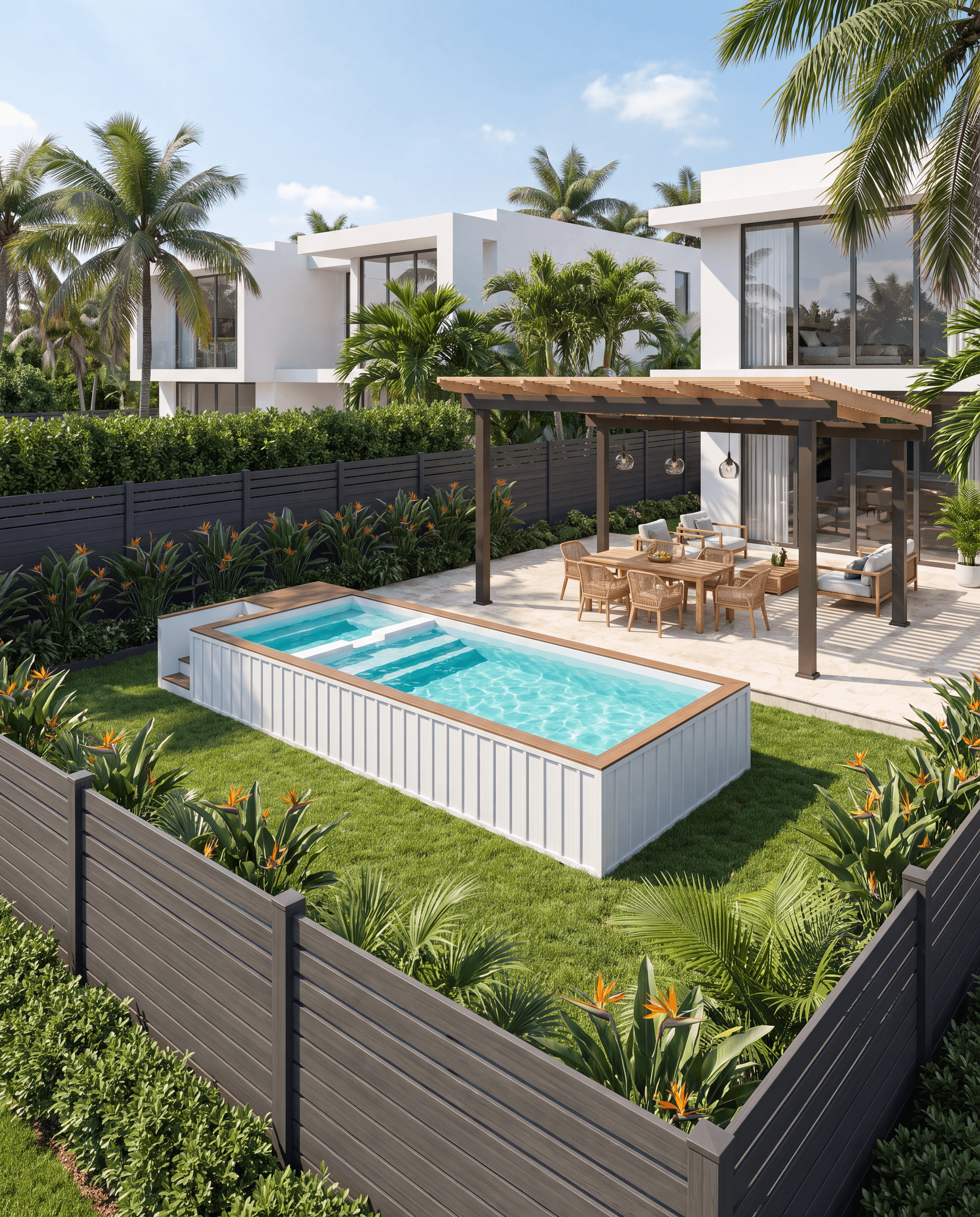 Container pool with wood pergola dining area backyard