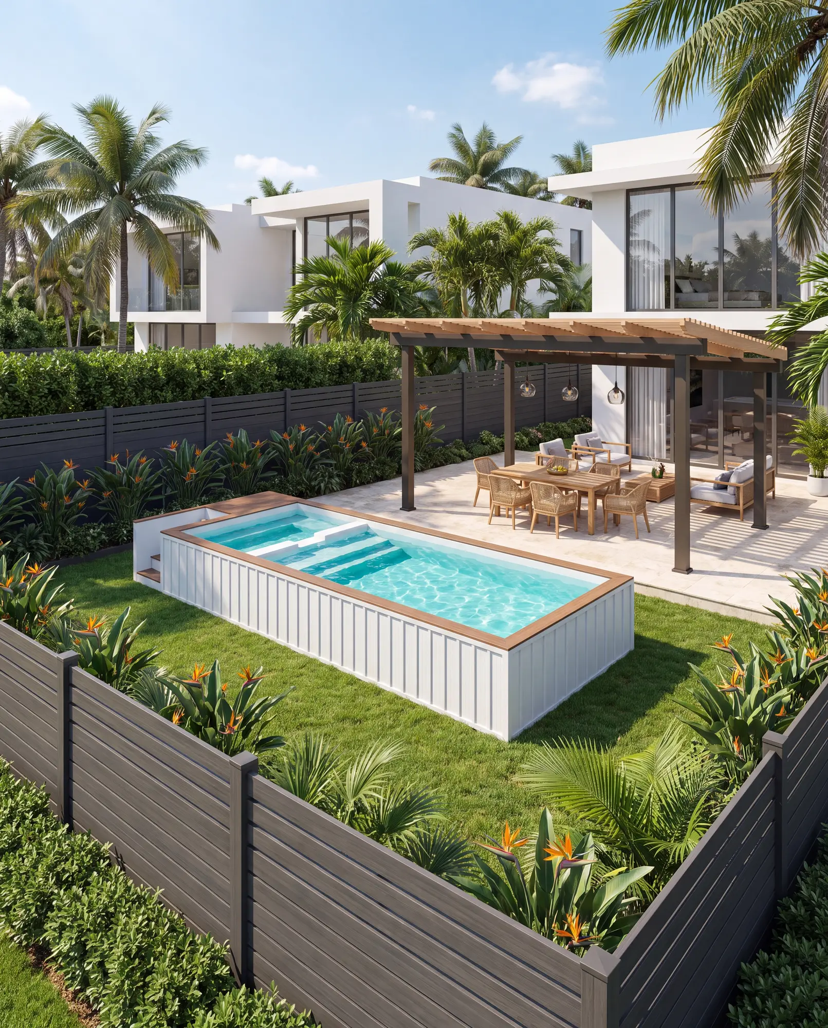 Backyard container pool beside a pergola (concept image)