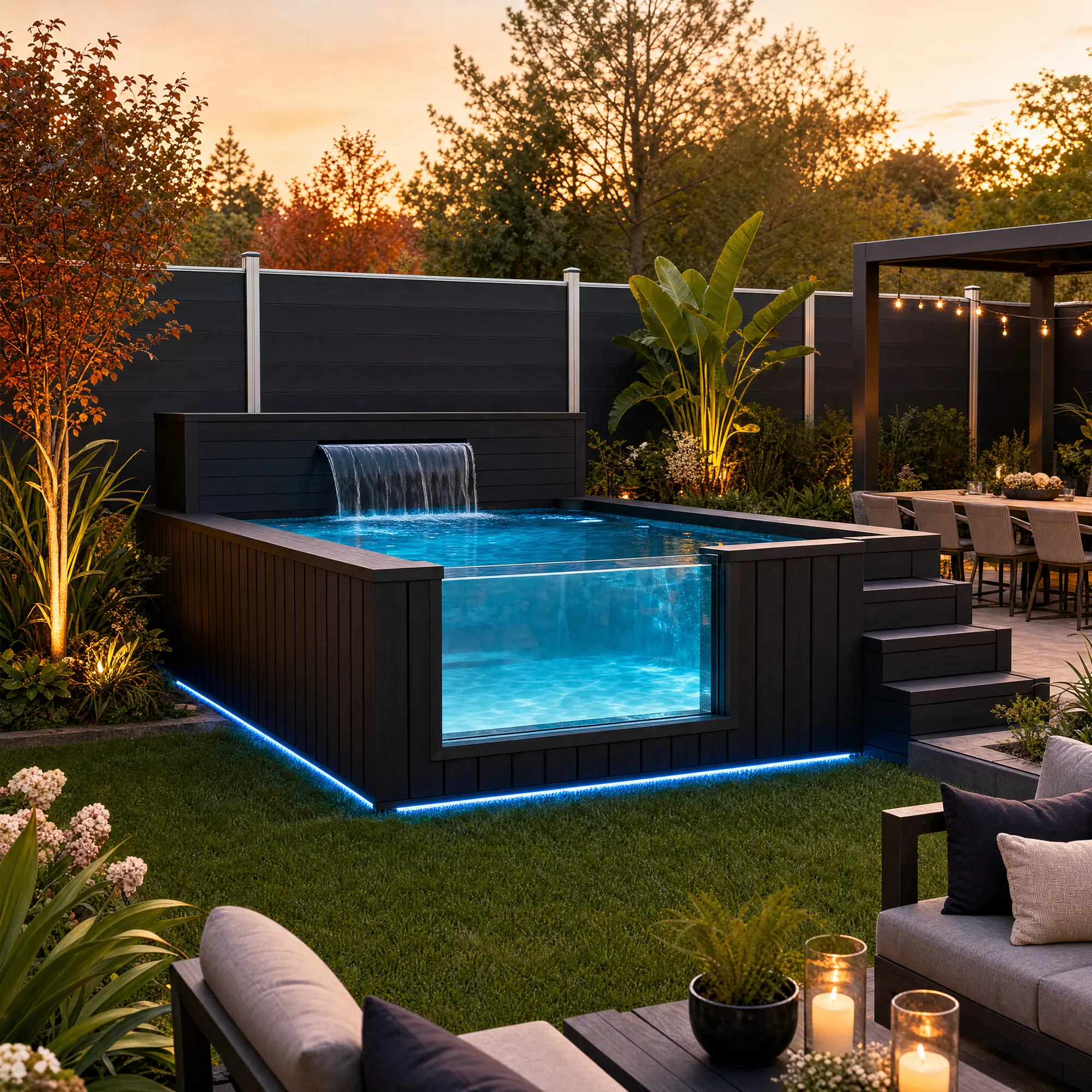 Container pool with a glass wall and waterfall at night (concept image)
