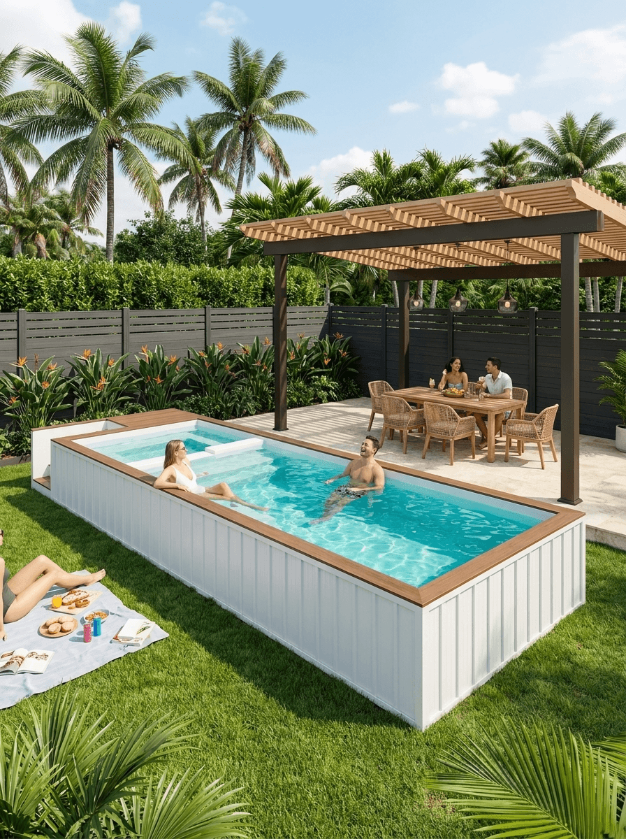 Container pool with wood pergola daytime backyard
