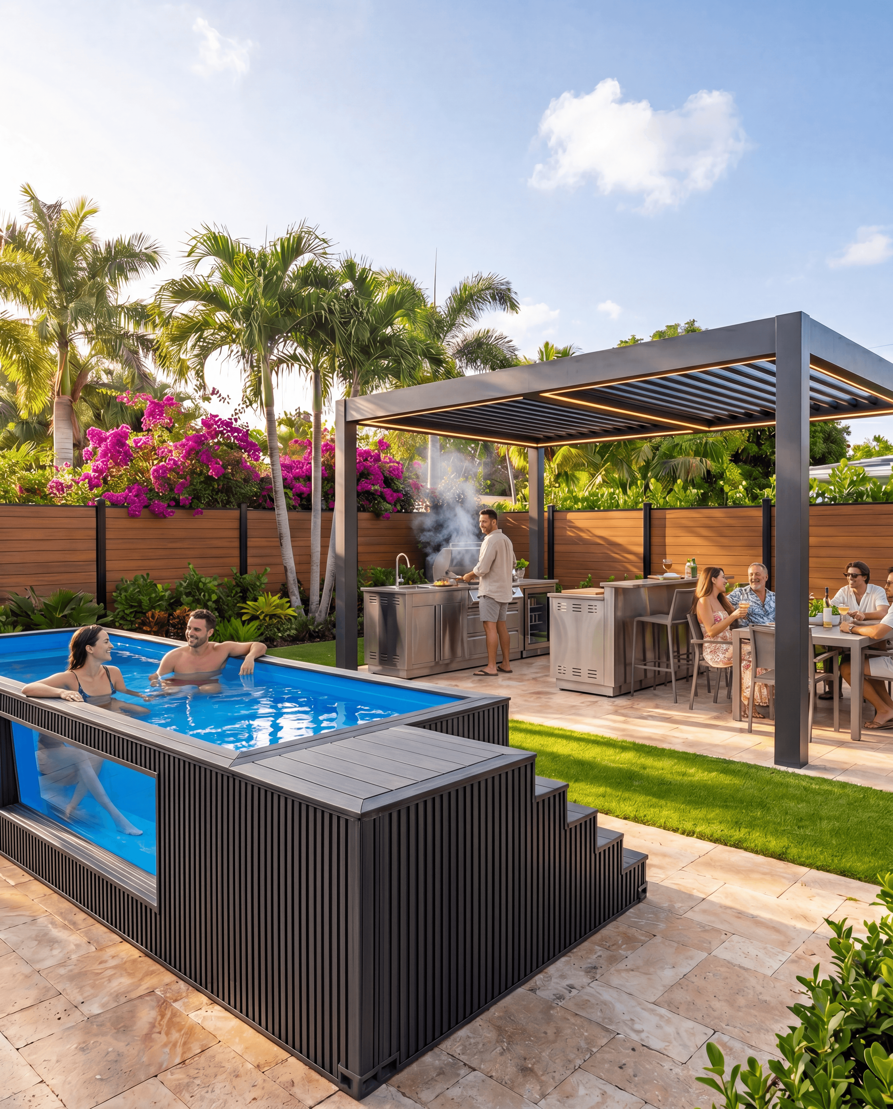 Container pool with aluminum pergola sunset gathering