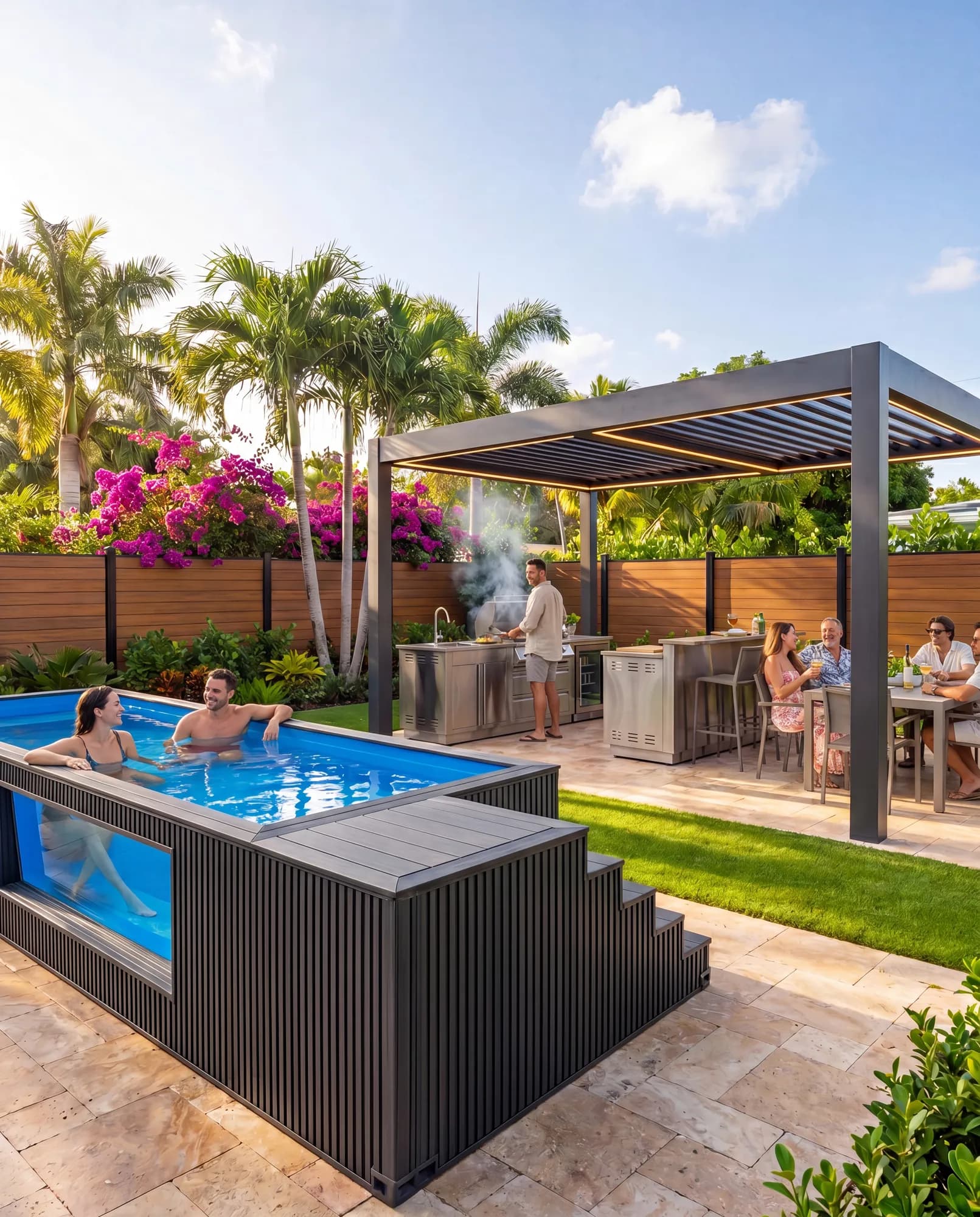 Container pool with pergola at sunset (concept image)