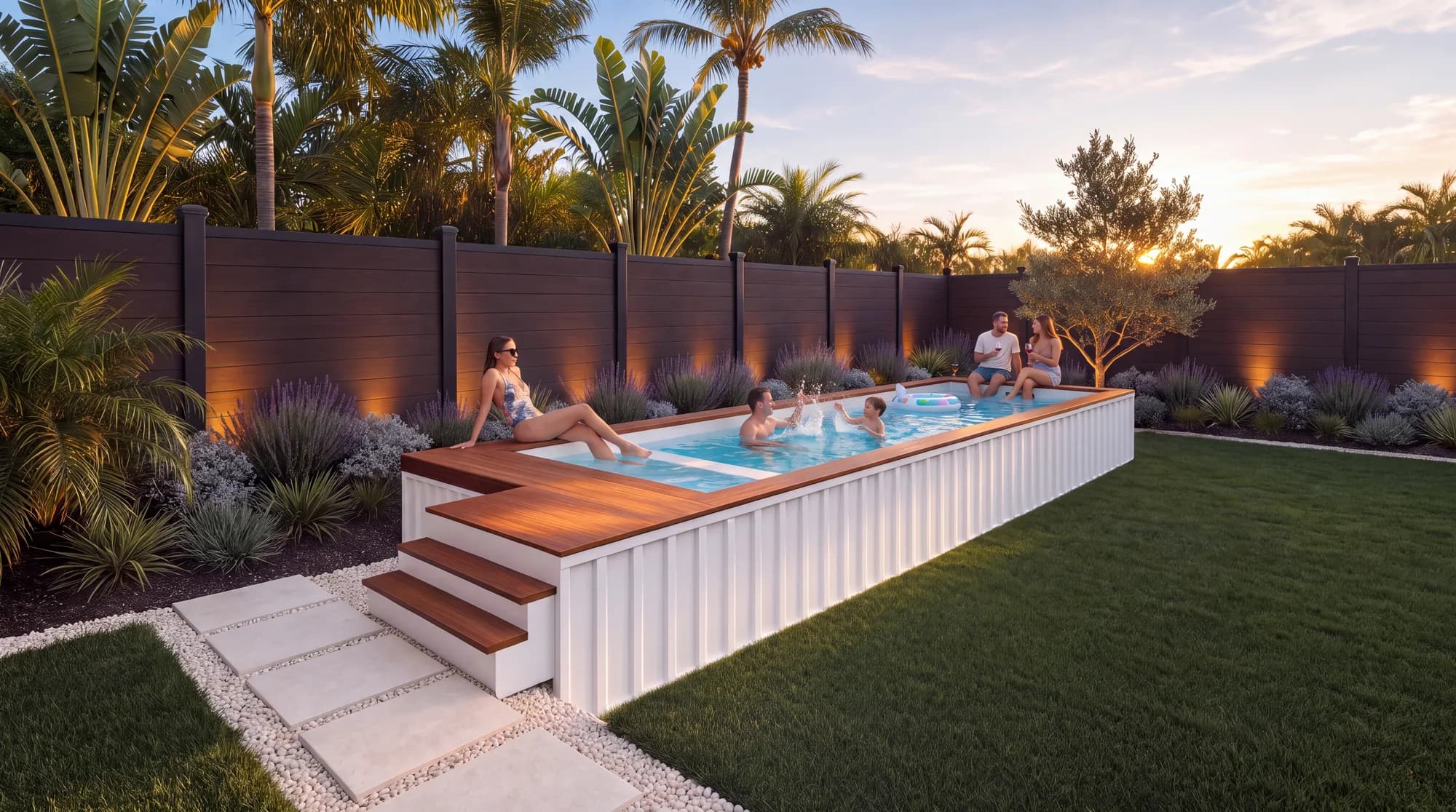 White container pool with a wood-look WPC deck and steps in a landscaped backyard at sunset (concept image)