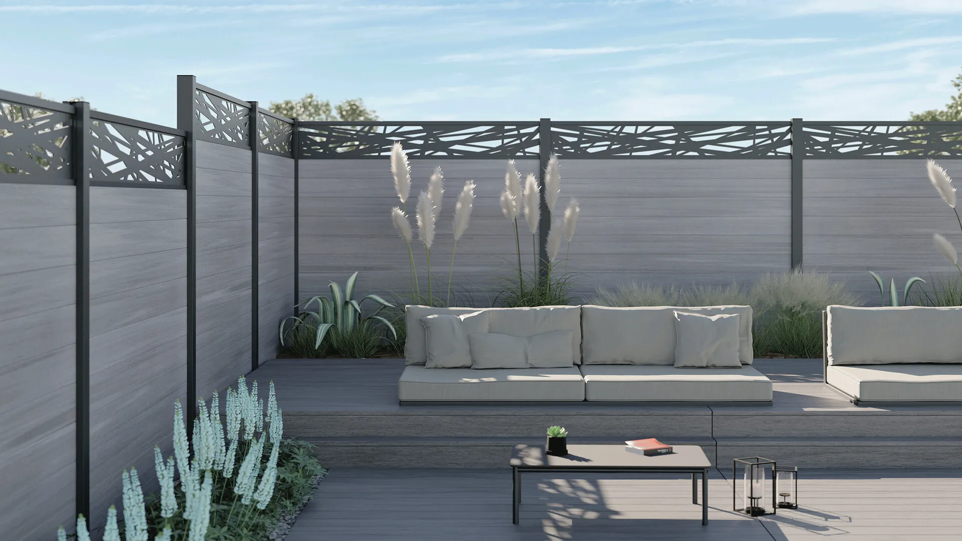 Grey WPC fence with a decorative top panel
